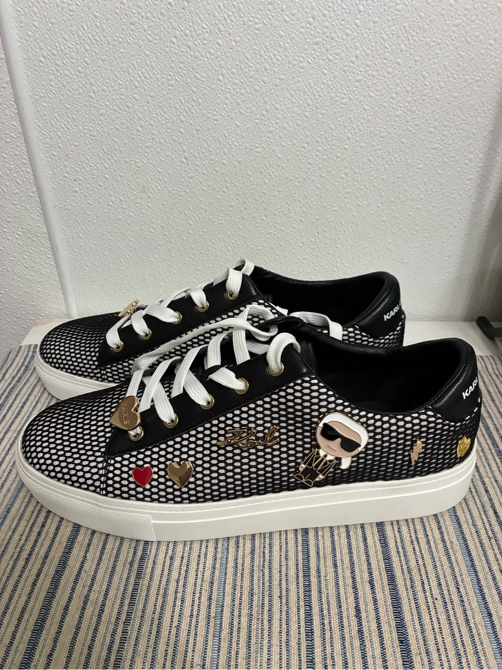 Karl Lagerfeld Black and White Mesh Sneakers with Gold Accents & Charms 10